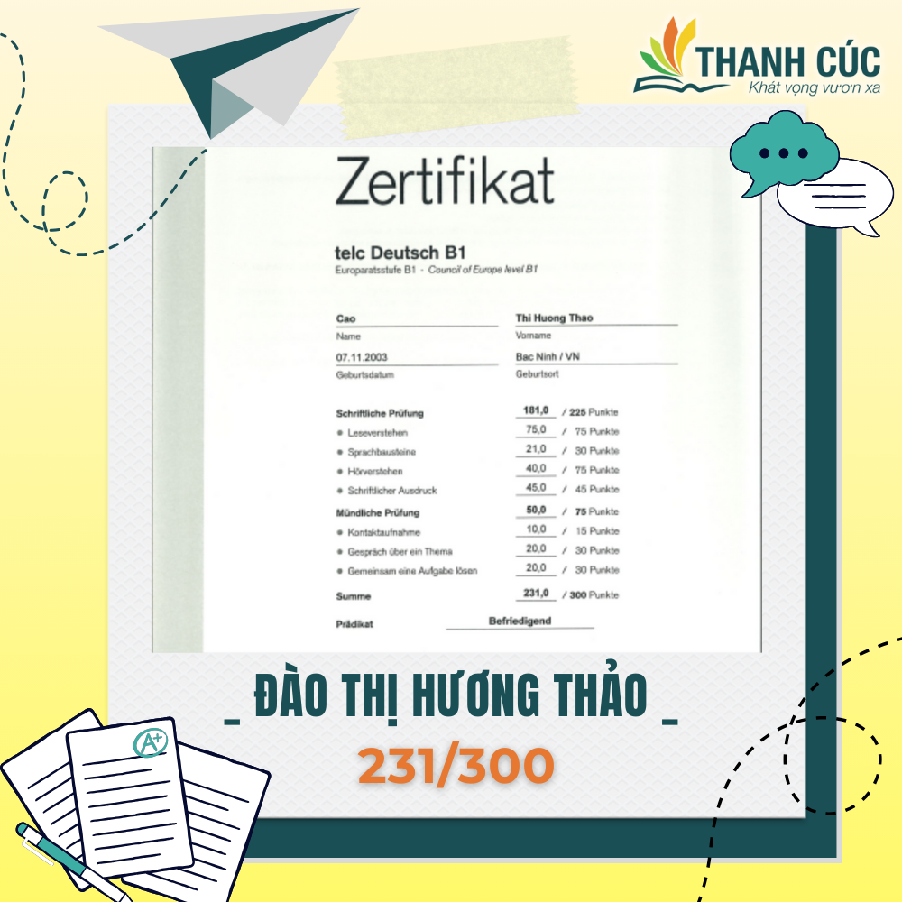 CHỨNG CHỈ B1 CỦA HỌC VIÊN THANH CÚC