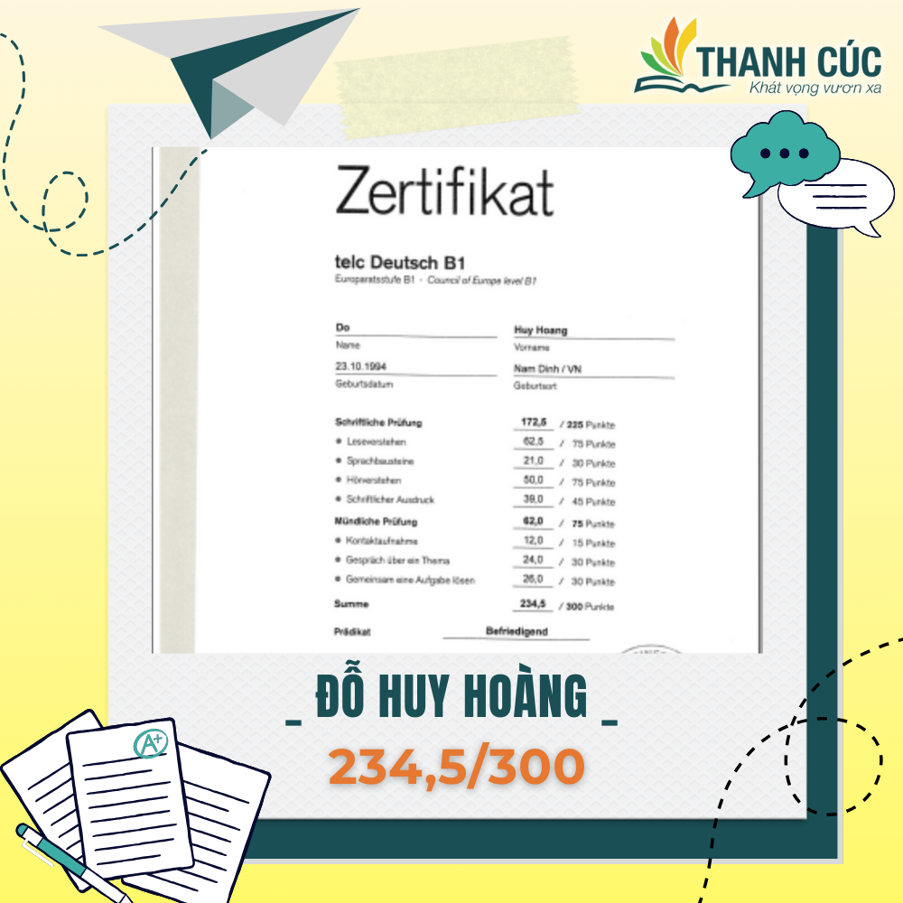CHỨNG CHỈ B1 CỦA HỌC VIÊN THANH CÚC