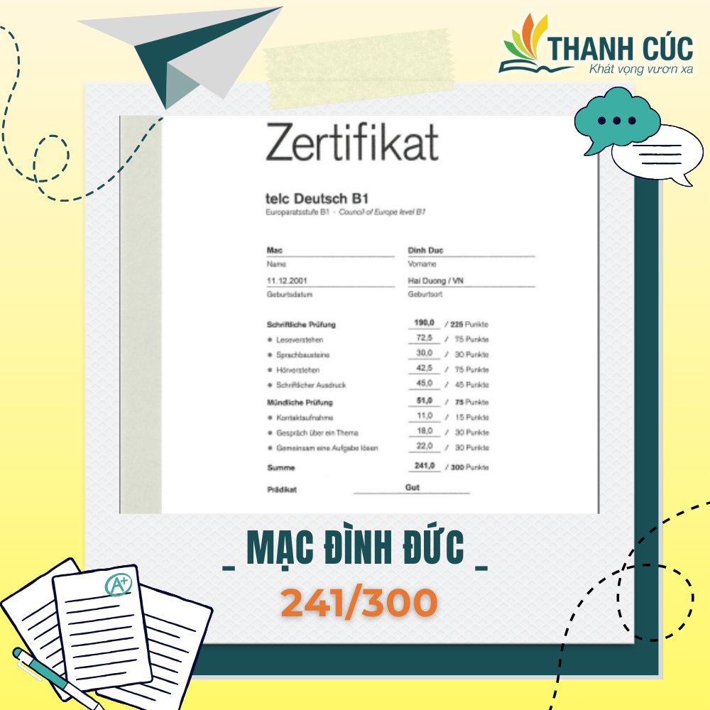 CHỨNG CHỈ B1 CỦA HỌC VIÊN THANH CÚC