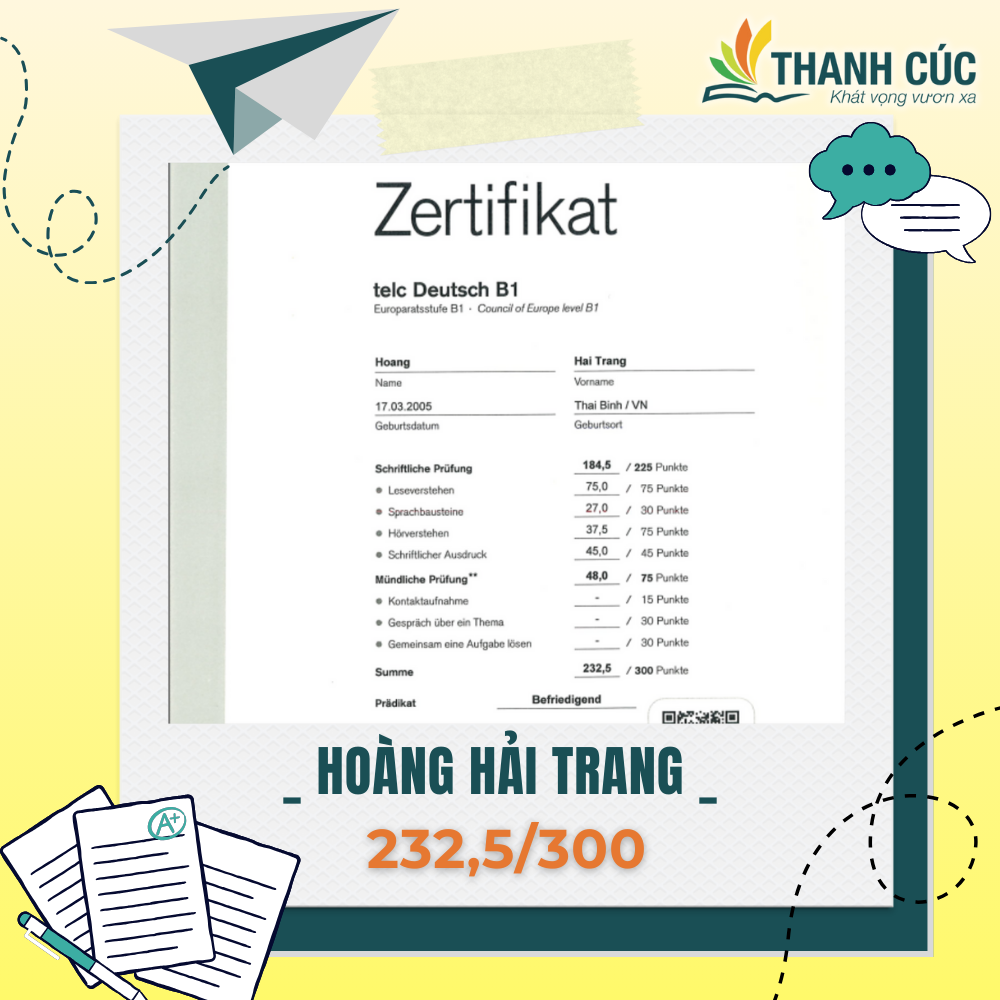 CHỨNG CHỈ B1 CỦA HỌC VIÊN THANH CÚC