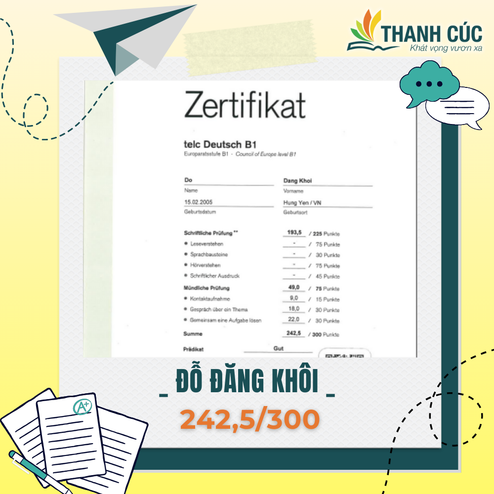 CHỨNG CHỈ B1 CỦA HỌC VIÊN THANH CÚC